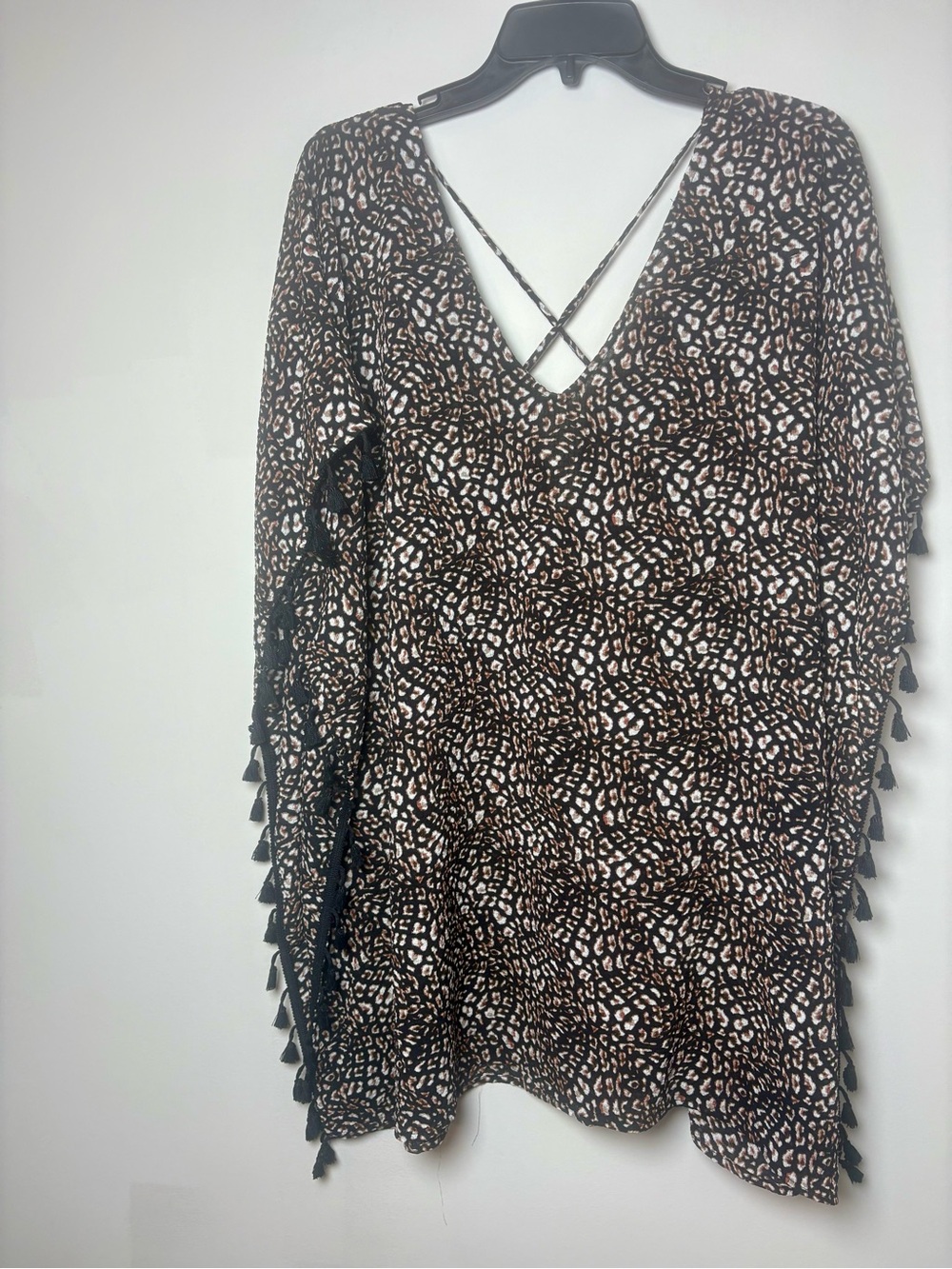 Leopard-Print Black & Brown Swim Coverup with Tassel Trim
